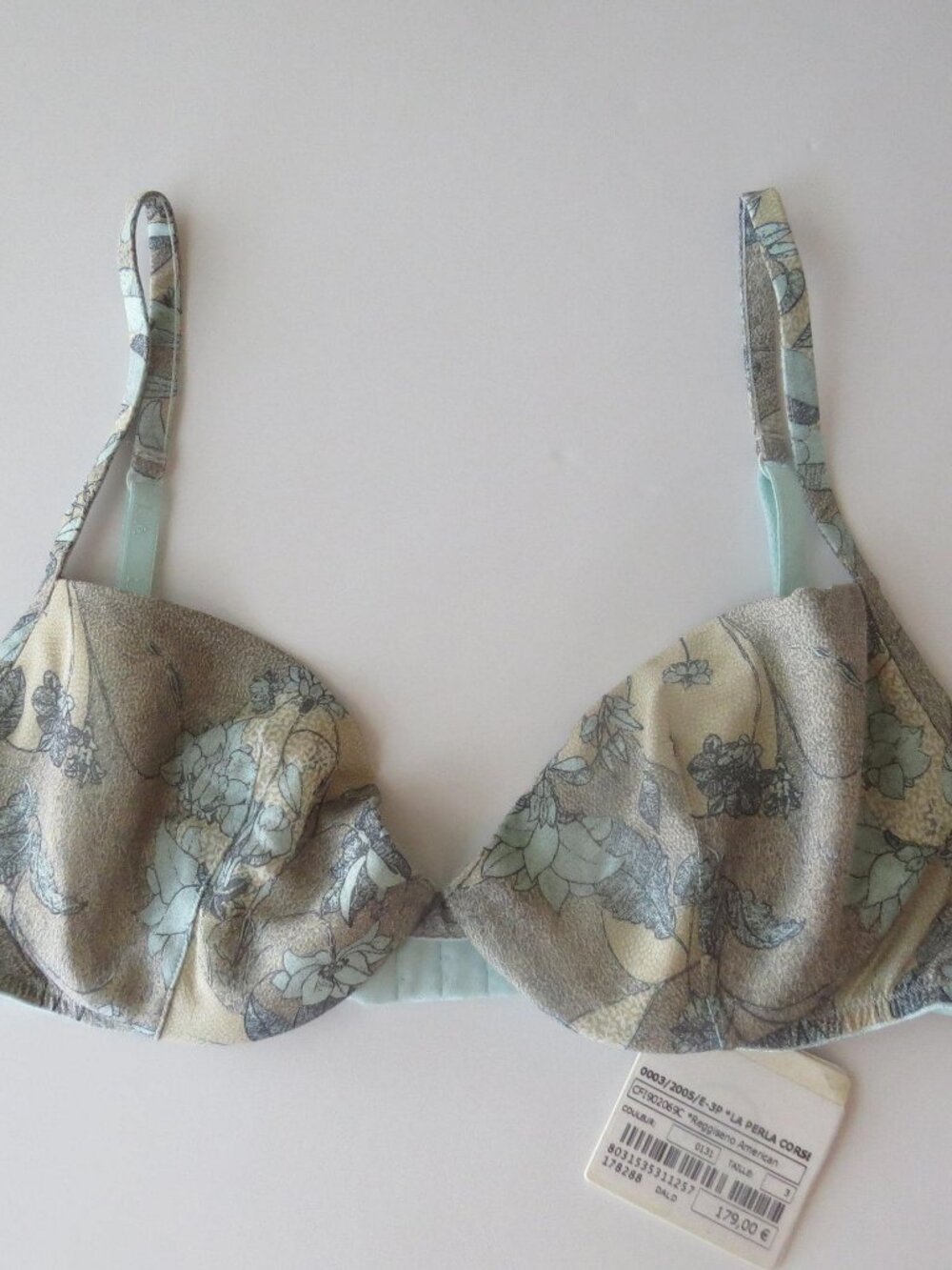 La Perla Silk Bra, Vintage Italian Floral, Sage Green Blue Print, Made in Italy